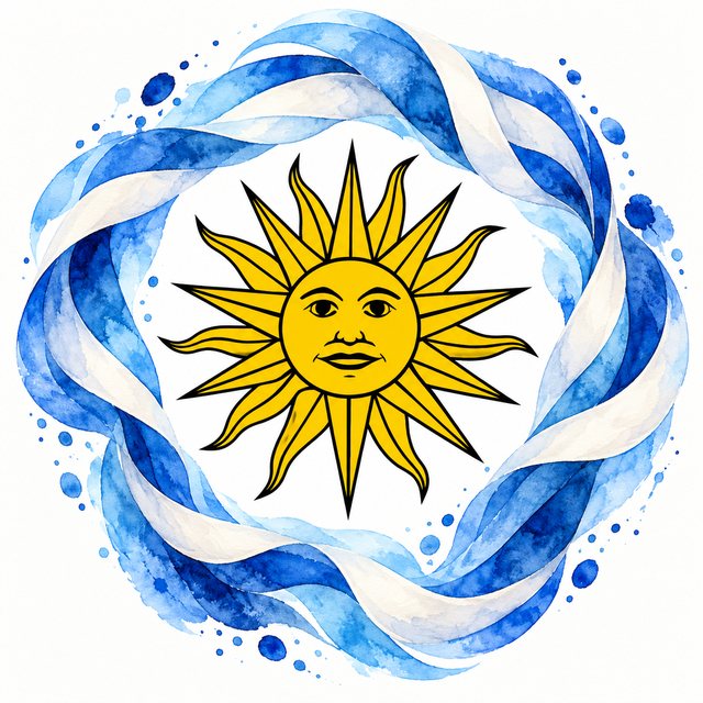 Sol del pabellón uruguayo rodeado de cintas azules y blancas